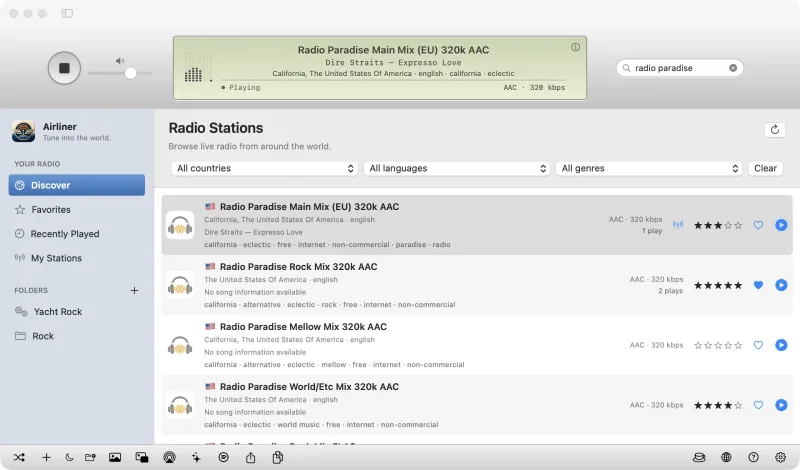 Airliner for Mac playing an internet radio station with a sage-green LCD