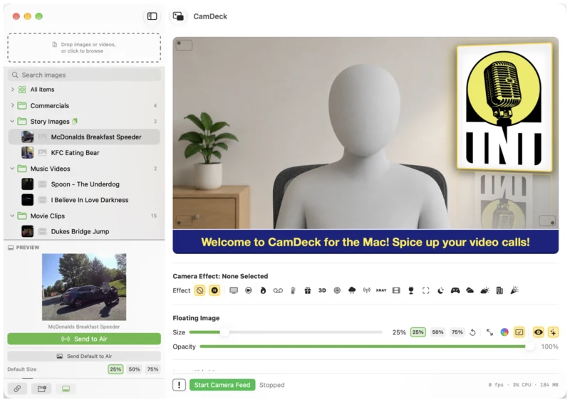 CamDeck for Mac with a folder library, a logo overlay and a lower-third banner