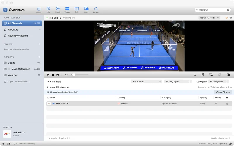 Overwave for Mac playing a live TV channel above a channel table
