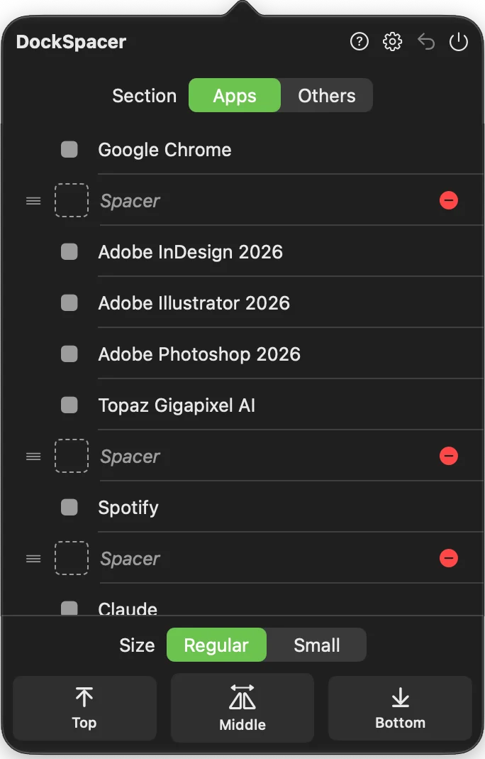 DockSpacer panel listing Dock apps with spacer rows between groups