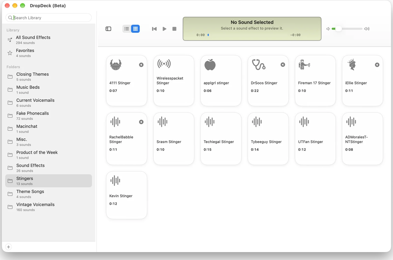 DropDeck Soundboard view with tiles for stingers and sound effects