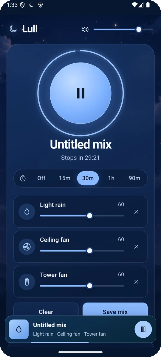 Lull playing a mix of light rain, a ceiling fan and a tower fan with a 30 minute sleep timer running