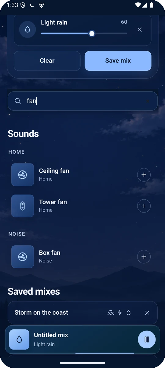 Lull sound search showing ceiling fan, tower fan and box fan under Home and Noise