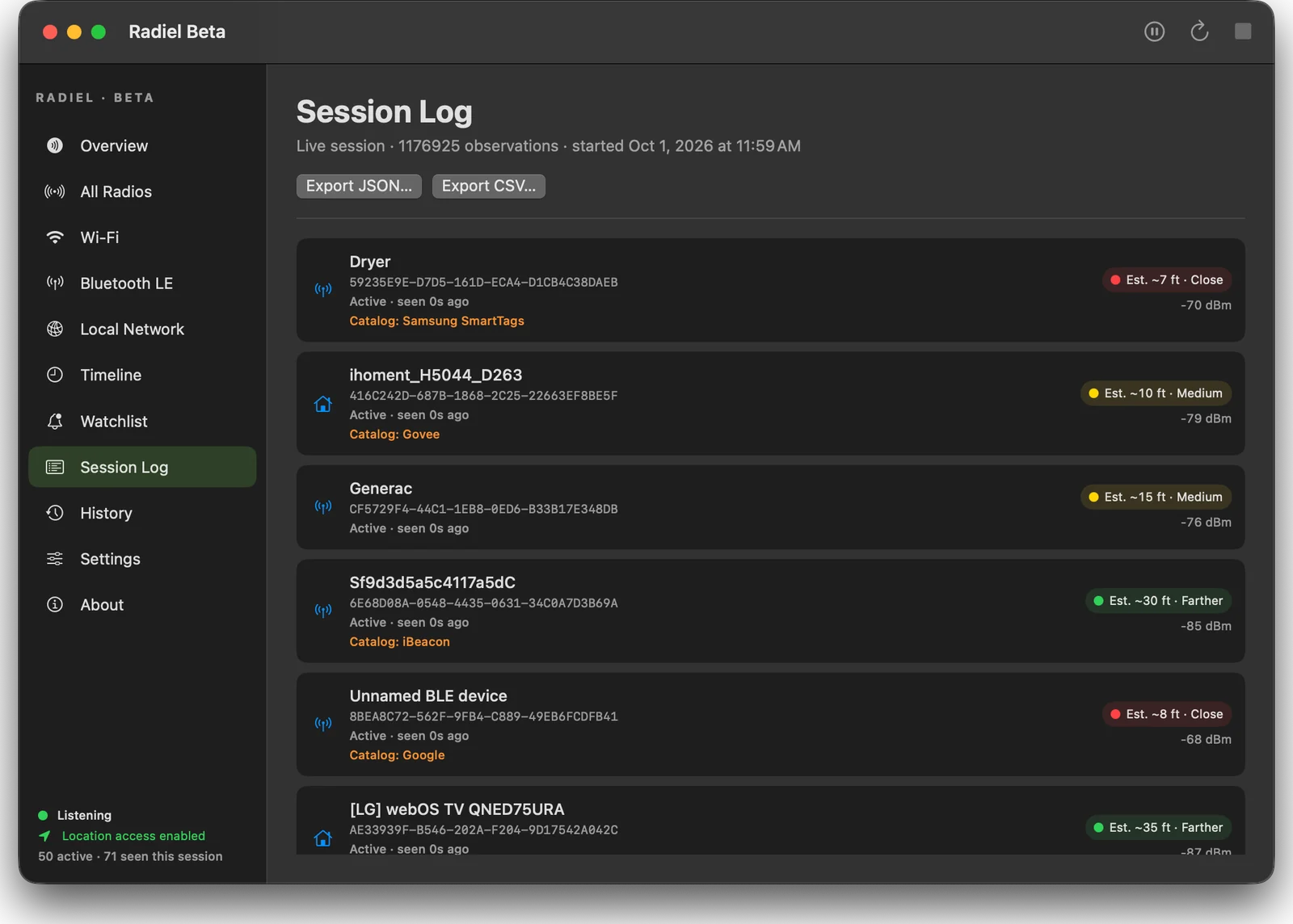 Radiel Session Log listing nearby Bluetooth devices with red, yellow and green distance estimates