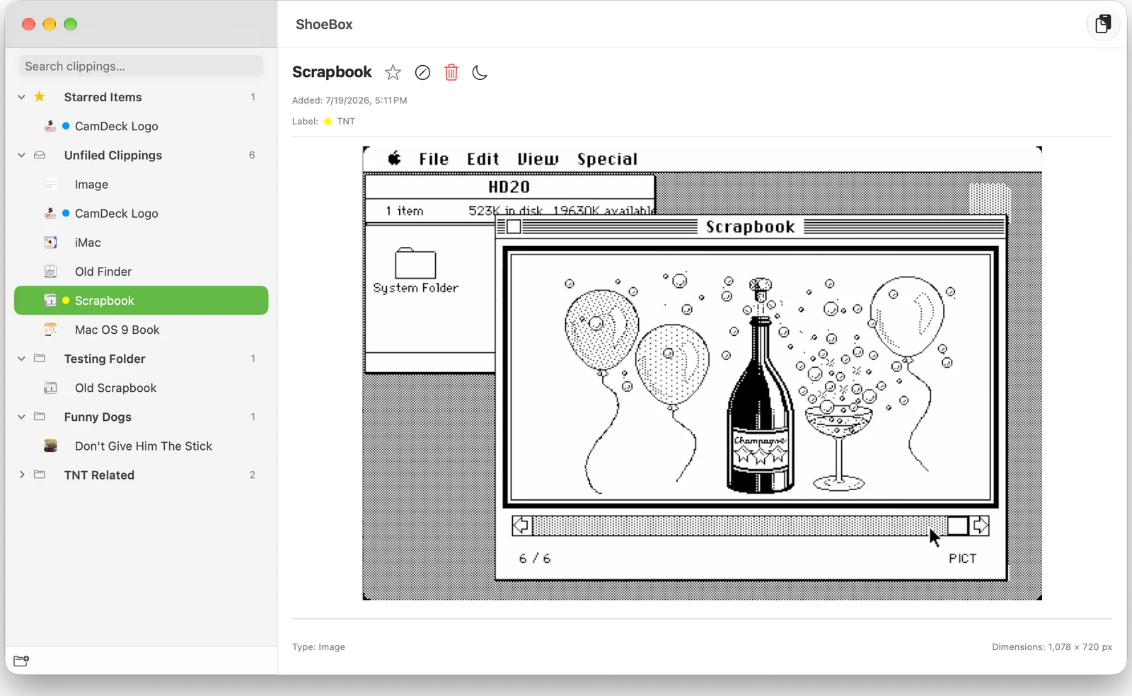 ShoeBox with folders and a Mac OS Scrapbook image clipping