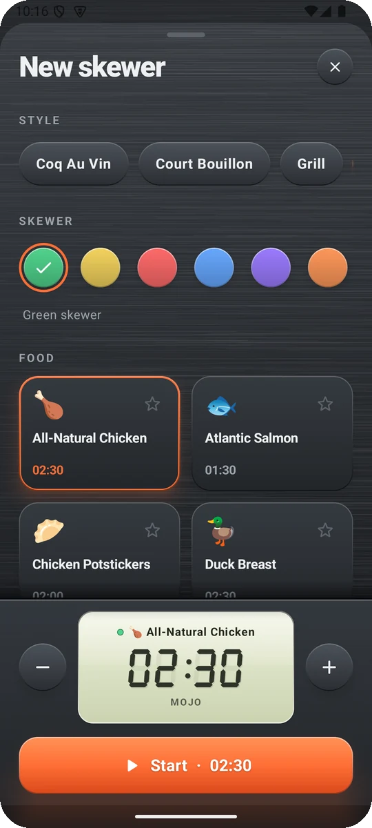 Skewr new skewer screen with cooking styles, skewer colors and foods