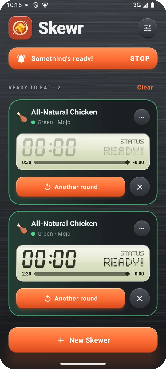 Skewr showing an alarm and two skewers ready to eat