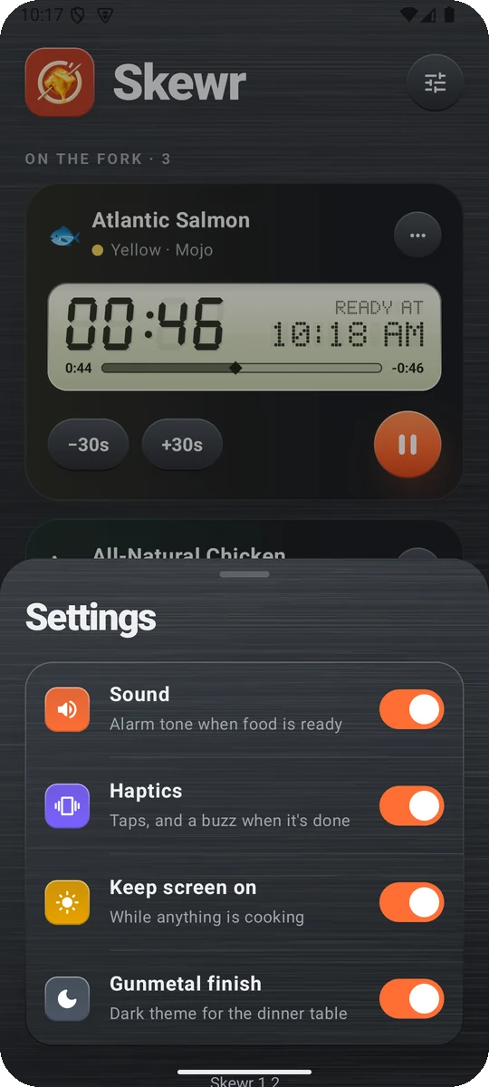 Skewr settings for sound, haptics, screen and theme