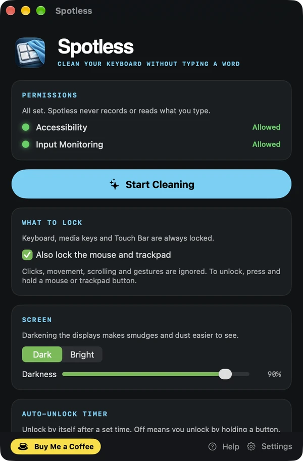 Spotless window with permission status, a Start Cleaning button and lock options