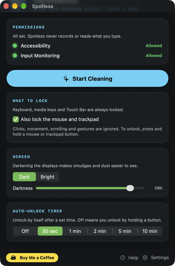 Spotless screen darkness slider and auto-unlock timer settings