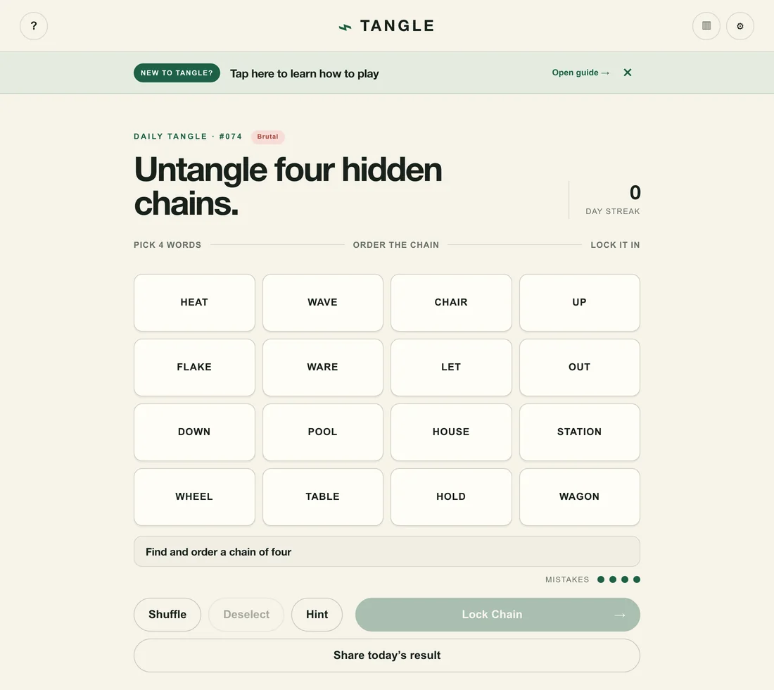 Tangle daily puzzle with sixteen word tiles to sort into four chains